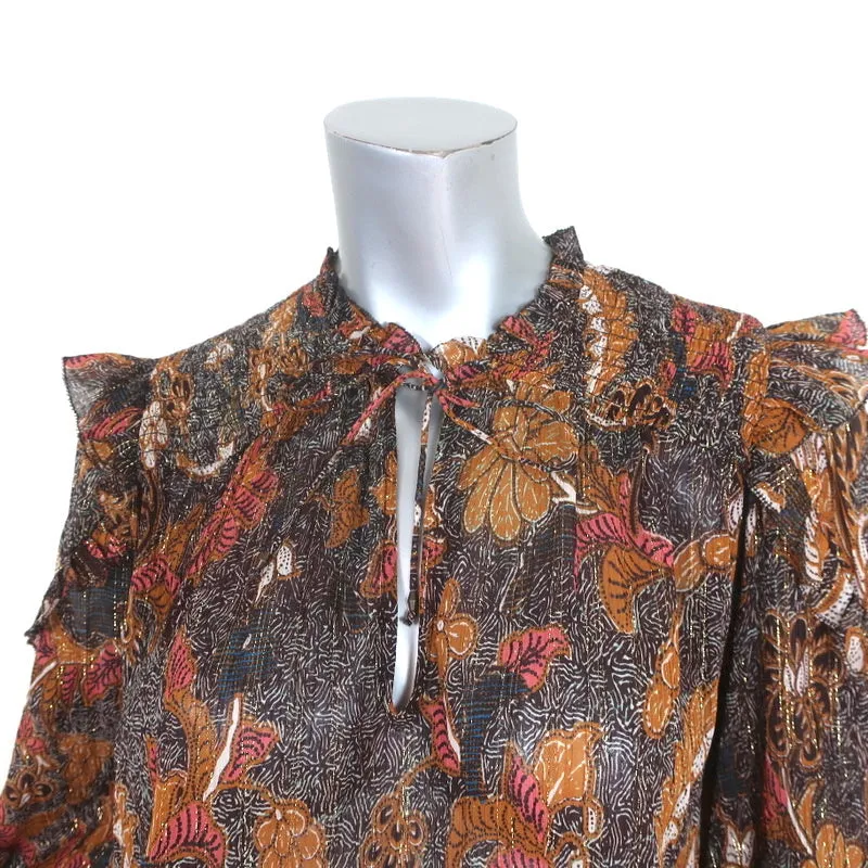 Ulla Johnson Blouse Lara Brown Printed Silk Size 2 Long Sleeve Top NEW