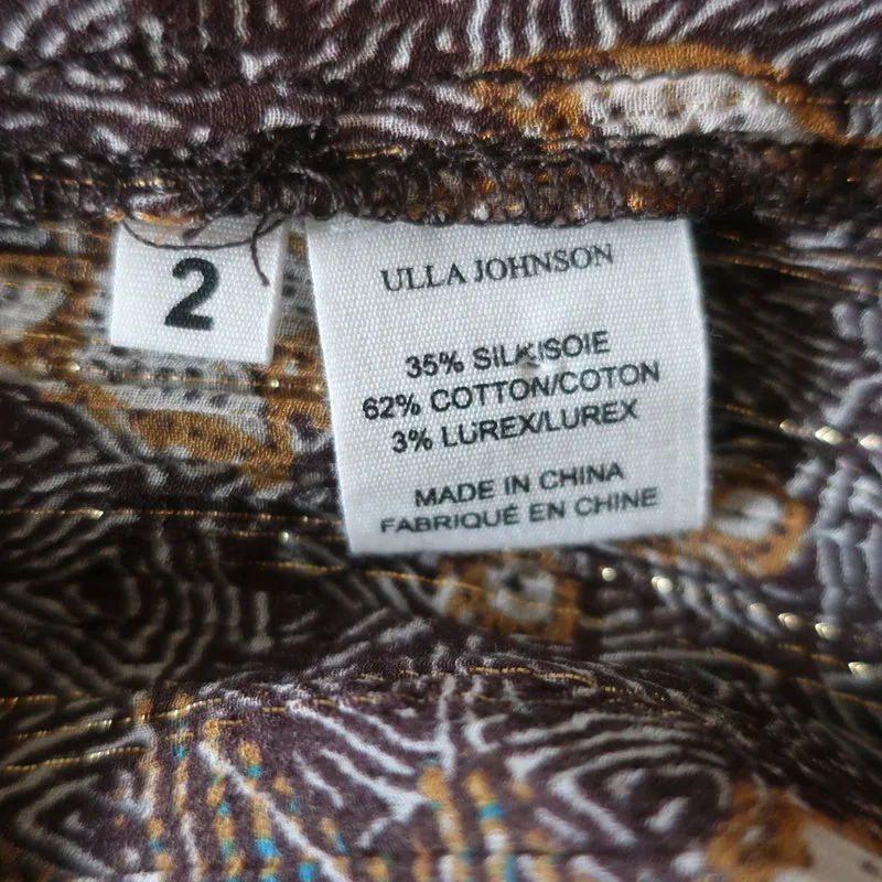 Ulla Johnson Blouse Lara Brown Printed Silk Size 2 Long Sleeve Top NEW
