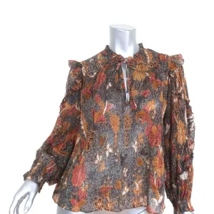 Ulla Johnson Blouse Lara Brown Printed Silk Size 2 Long Sleeve Top NEW
