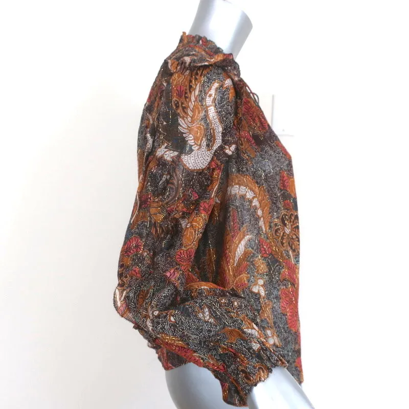 Ulla Johnson Blouse Lara Brown Printed Silk Size 2 Long Sleeve Top NEW
