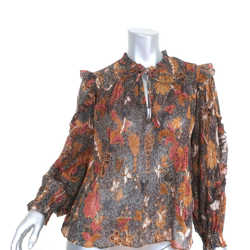 Ulla Johnson Blouse Lara Brown Printed Silk Size 2 Long Sleeve Top NEW