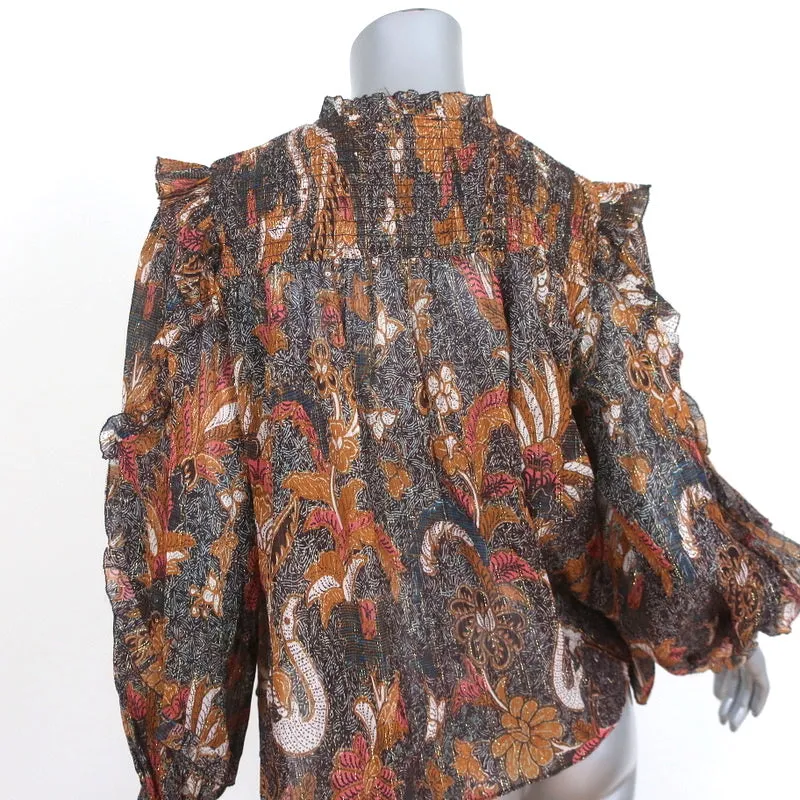 Ulla Johnson Blouse Lara Brown Printed Silk Size 2 Long Sleeve Top NEW