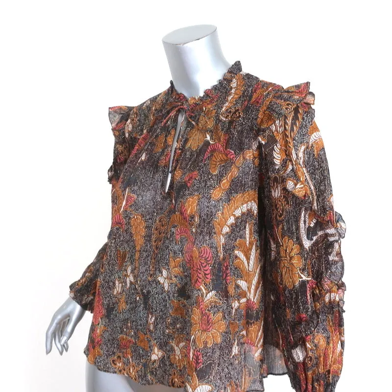 Ulla Johnson Blouse Lara Brown Printed Silk Size 2 Long Sleeve Top NEW