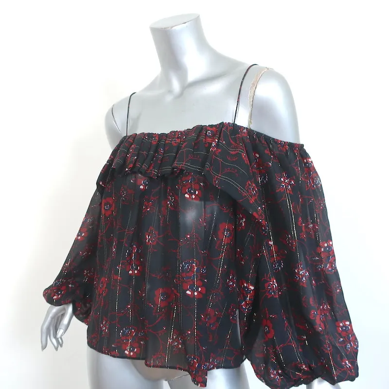 Ulla Johnson Cold Shoulder Top Coline Black Lurex-Striped Floral Print Size 2