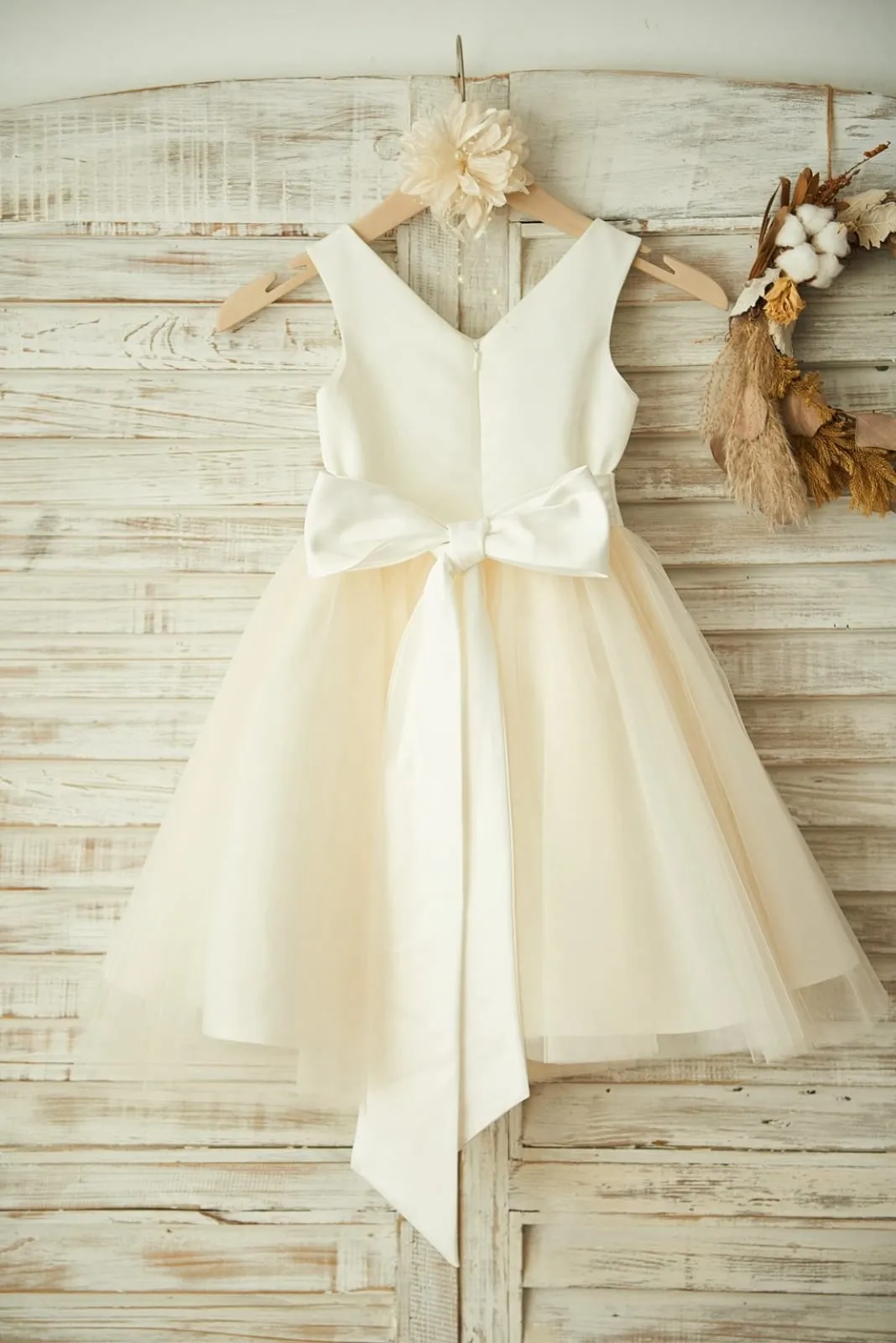 V Neck Ivory Satin Champagne Tulle Wedding Flower Girl Dress, Beaded Belt