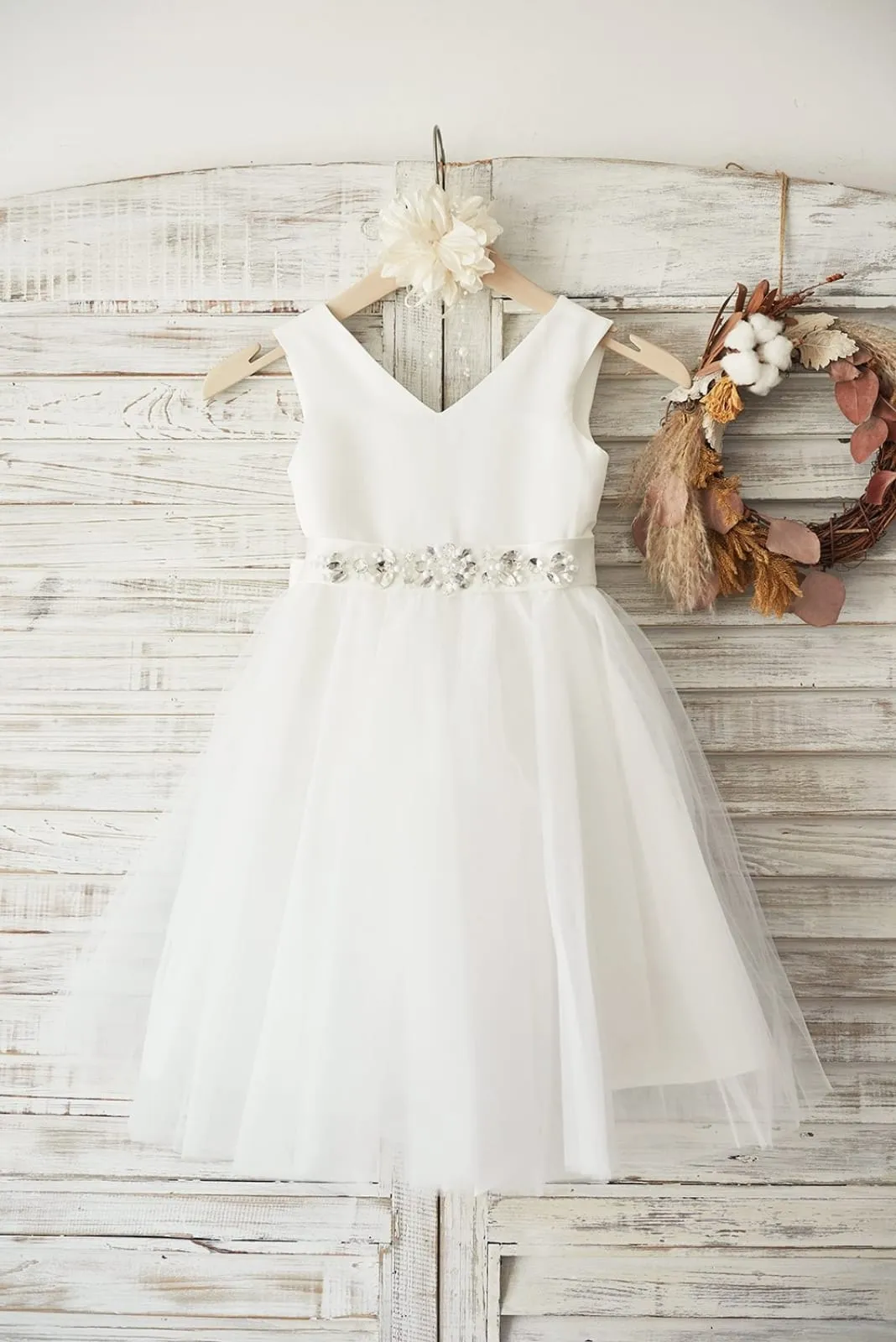 V Neck Ivory Satin Champagne Tulle Wedding Flower Girl Dress, Beaded Belt