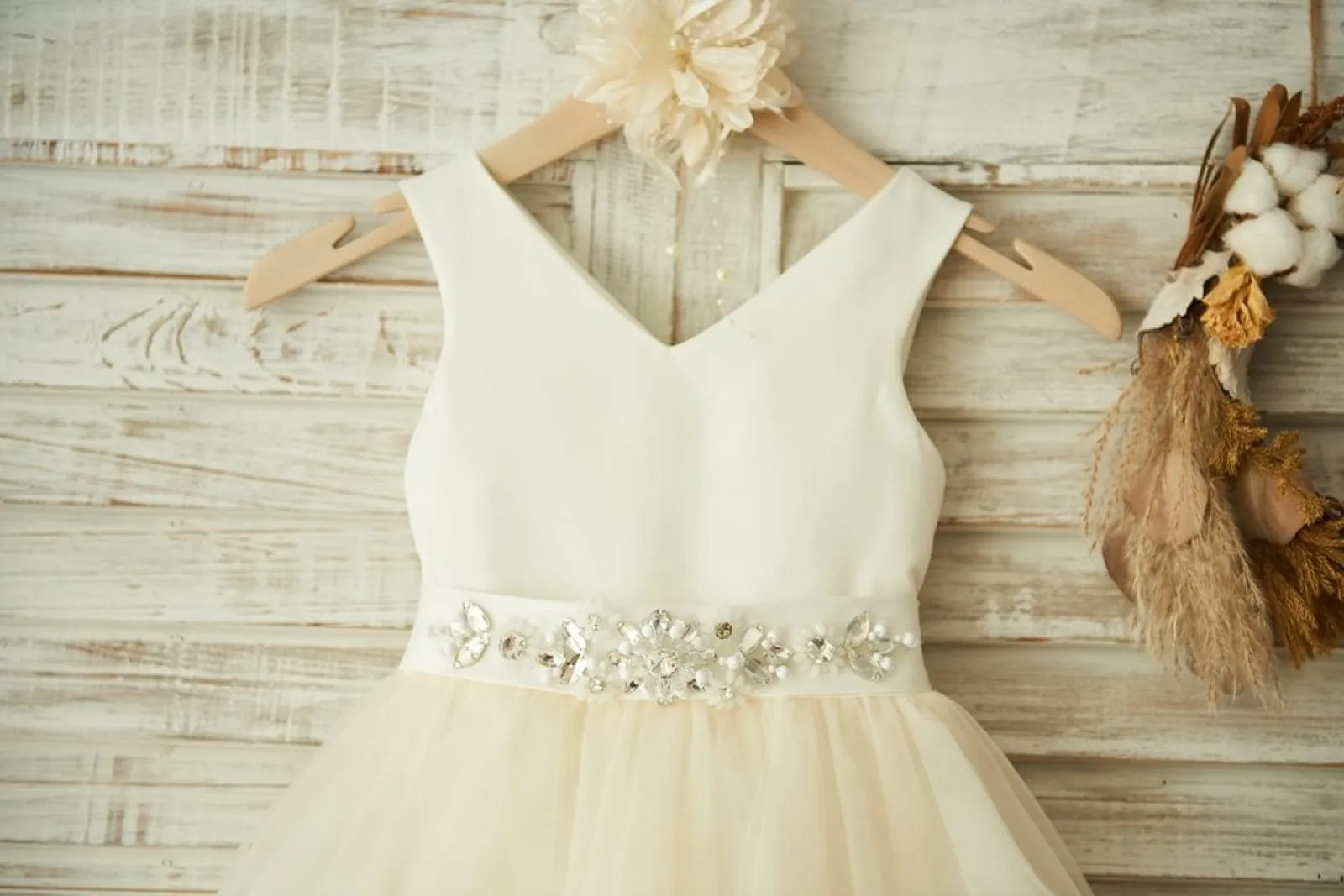 V Neck Ivory Satin Champagne Tulle Wedding Flower Girl Dress, Beaded Belt