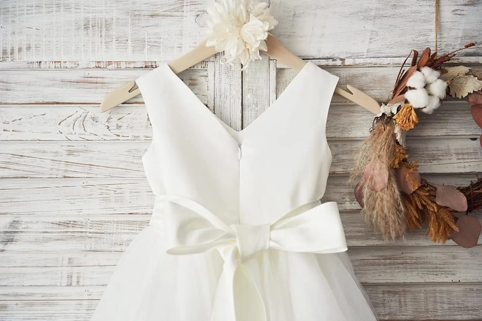 V Neck Ivory Satin Champagne Tulle Wedding Flower Girl Dress, Beaded Belt