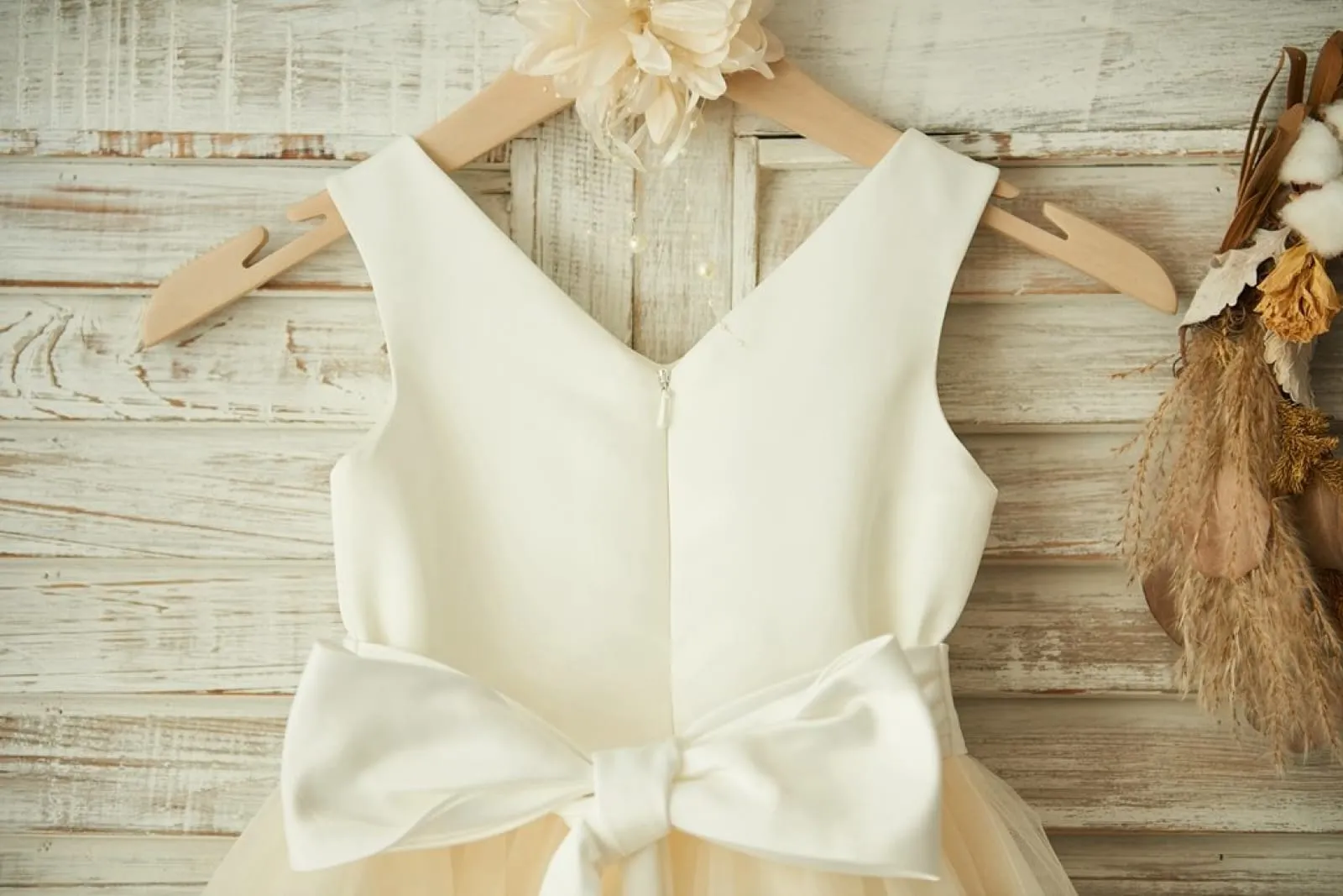 V Neck Ivory Satin Champagne Tulle Wedding Flower Girl Dress, Beaded Belt