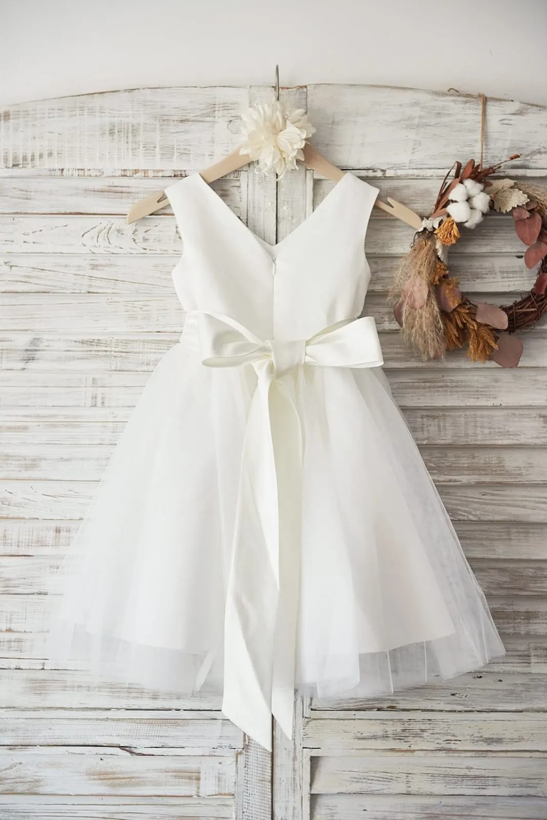 V Neck Ivory Satin Champagne Tulle Wedding Flower Girl Dress, Beaded Belt
