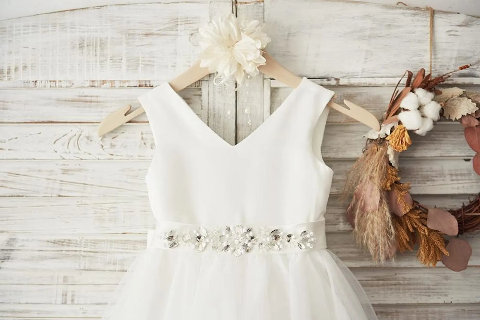 V Neck Ivory Satin Champagne Tulle Wedding Flower Girl Dress, Beaded Belt