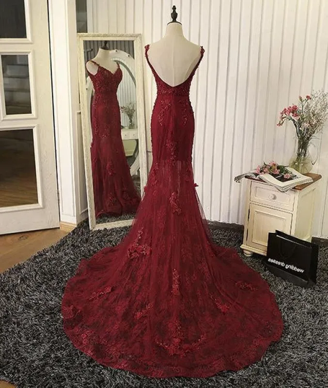 V Neck Mermaid Backless Burgundy Lace Tulle Long Prom with Train, Burgundy Lace Formal, Burgundy Evening