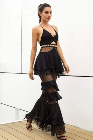 Valerie Layered Chiffon Lace Mermaid Maxi Dress - Black