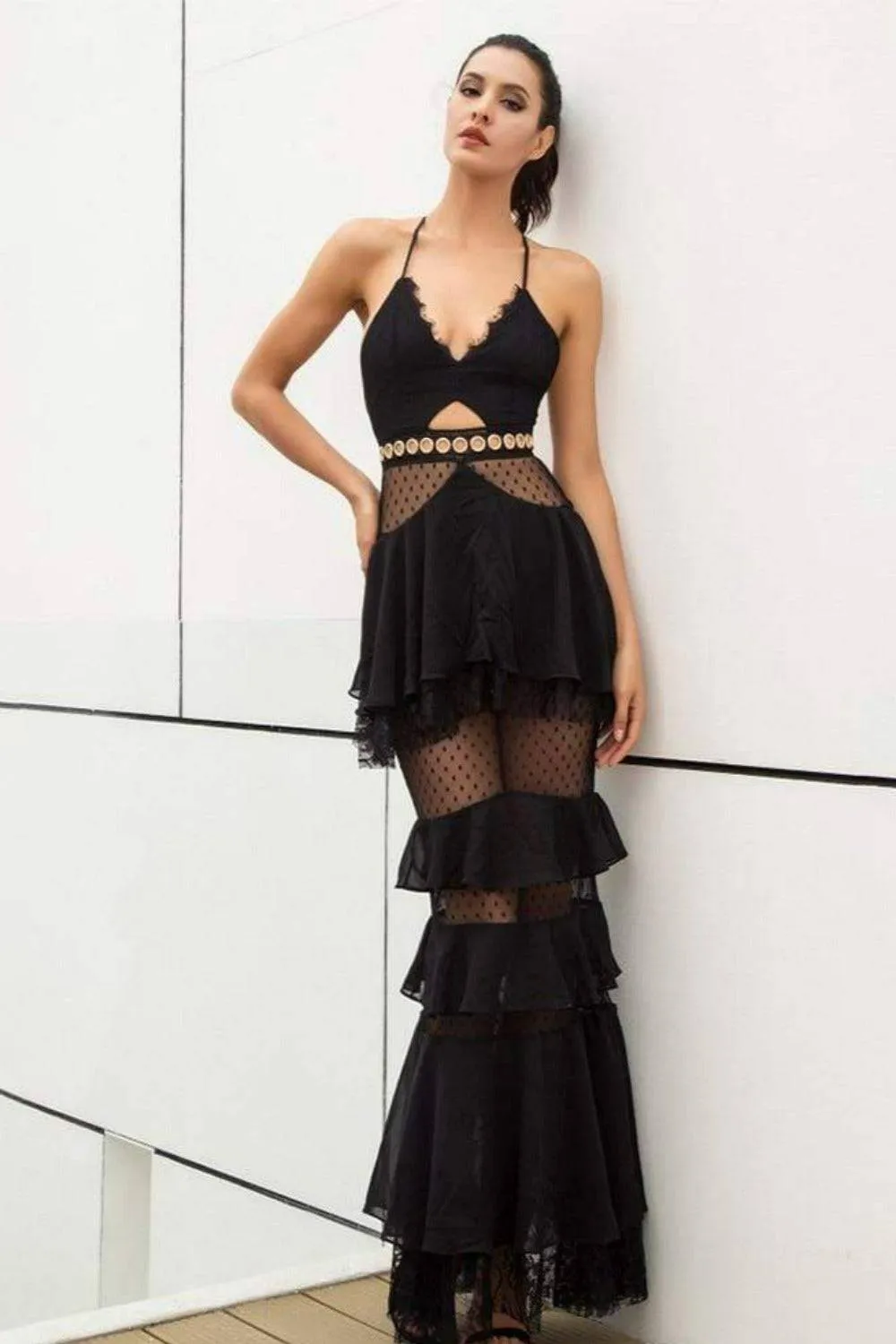 Valerie Layered Chiffon Lace Mermaid Maxi Dress - Black