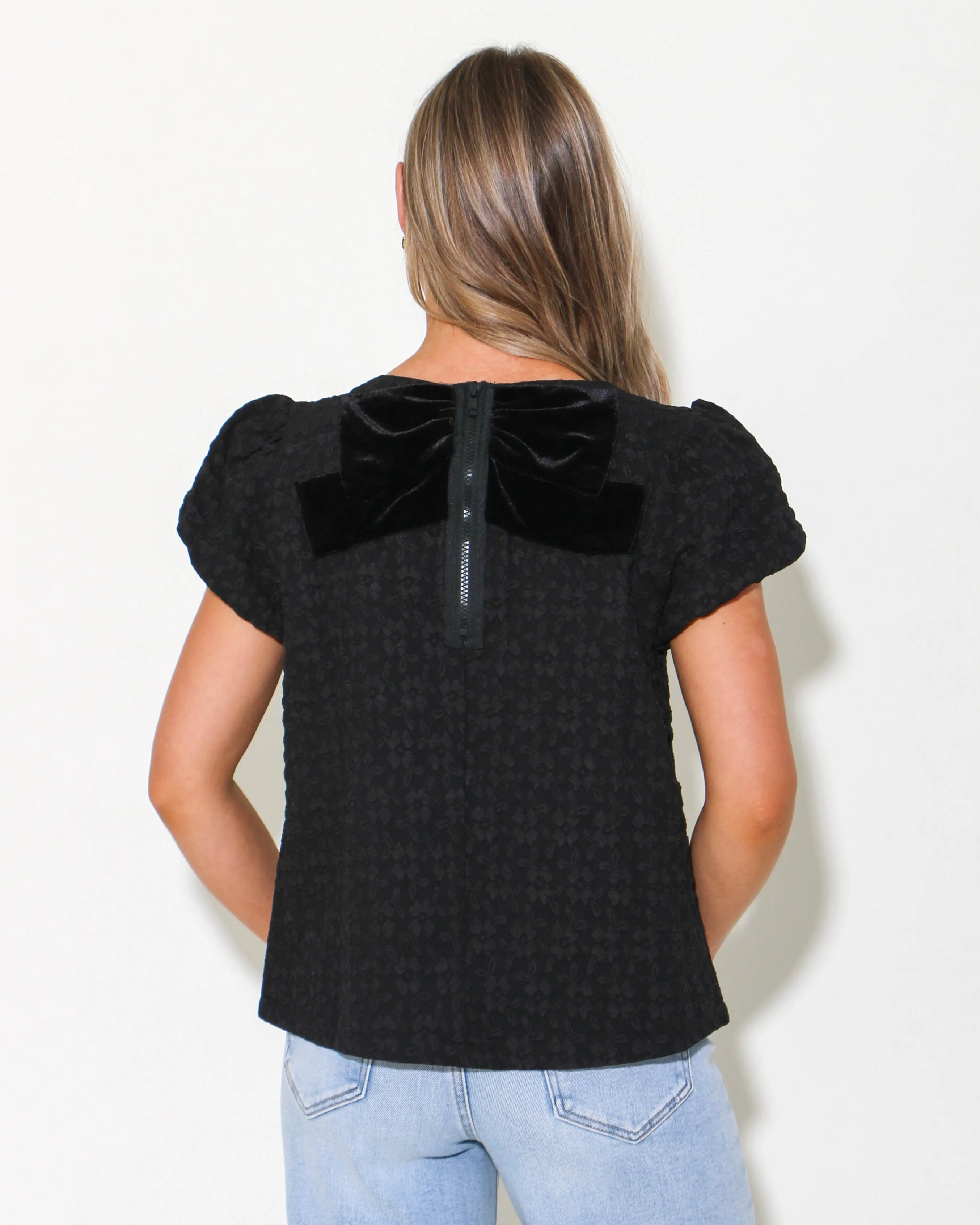 Velvet Bow And Back Zipper Detailed Top in Black