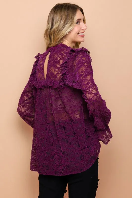 Velvet Laced Top In Wine Color