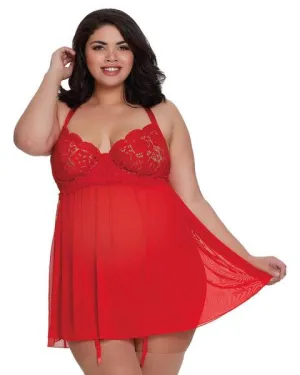 Venice Embroidery Lace Garter Babydoll & Thong - Red - Size