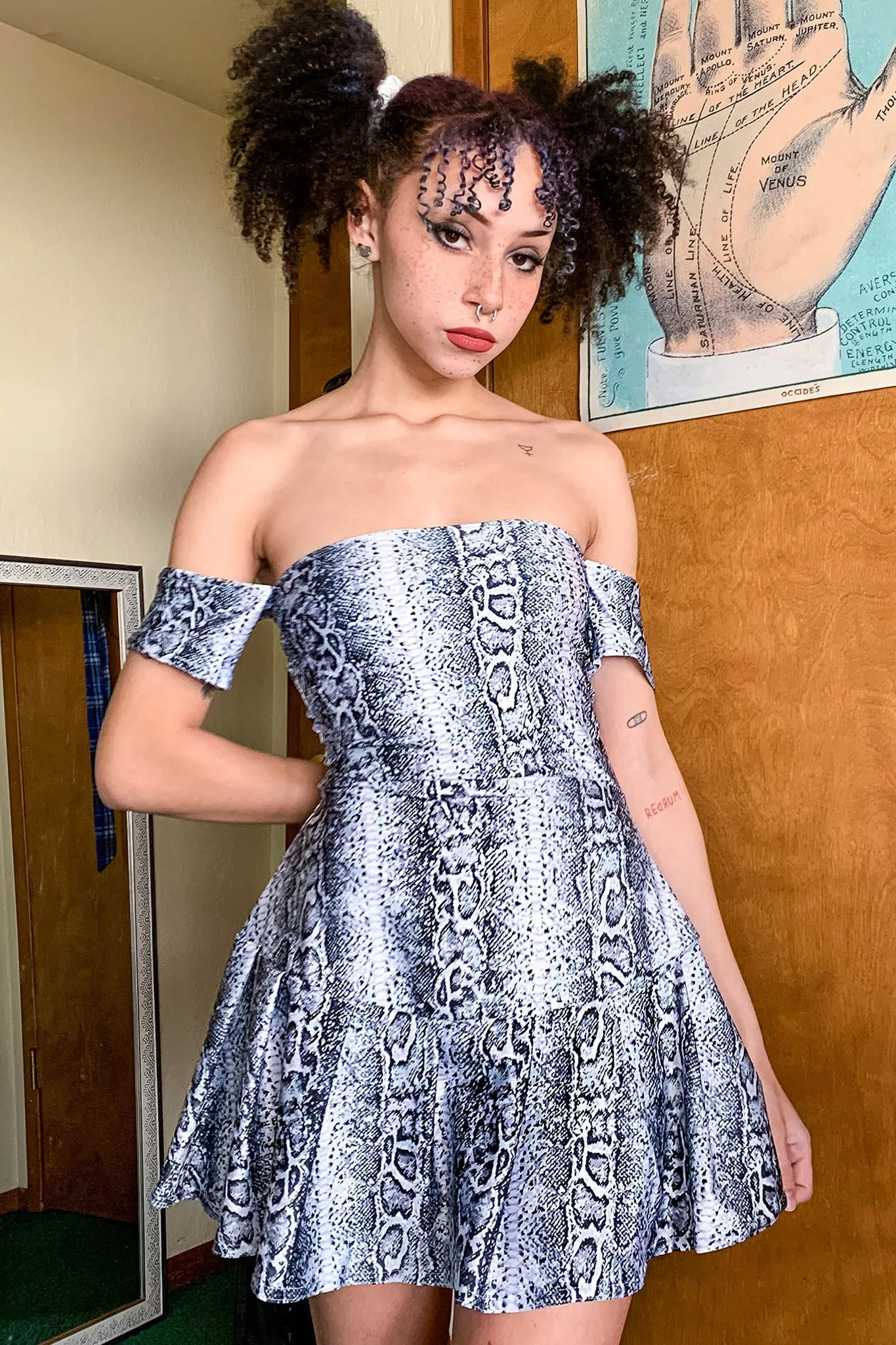 Venom Snakeskin Off Shoulder Skater Dress