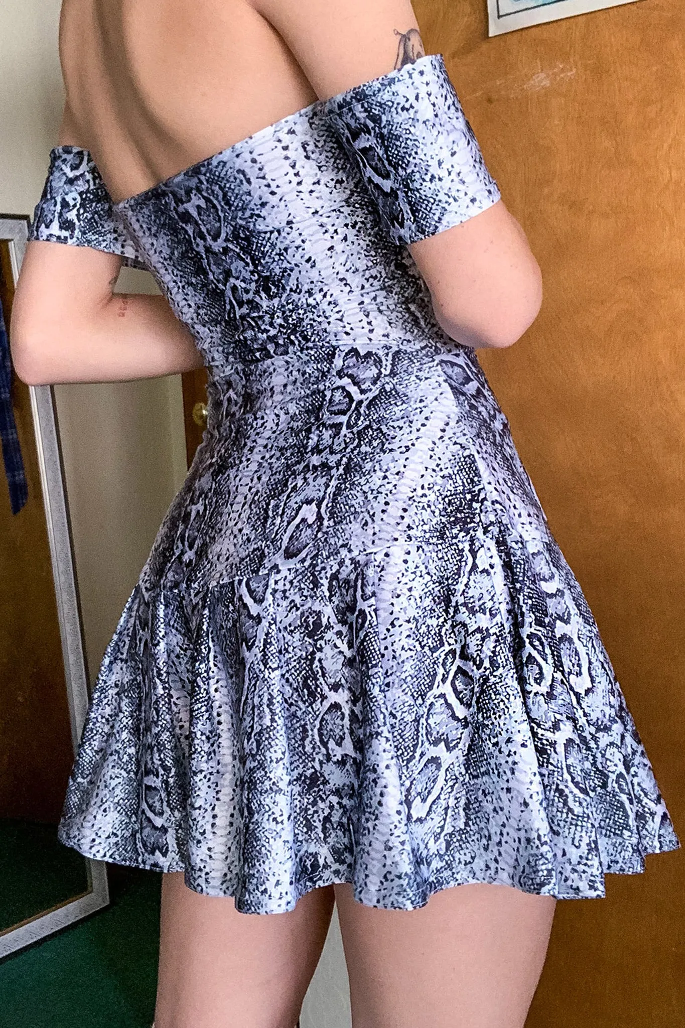 Venom Snakeskin Off Shoulder Skater Dress