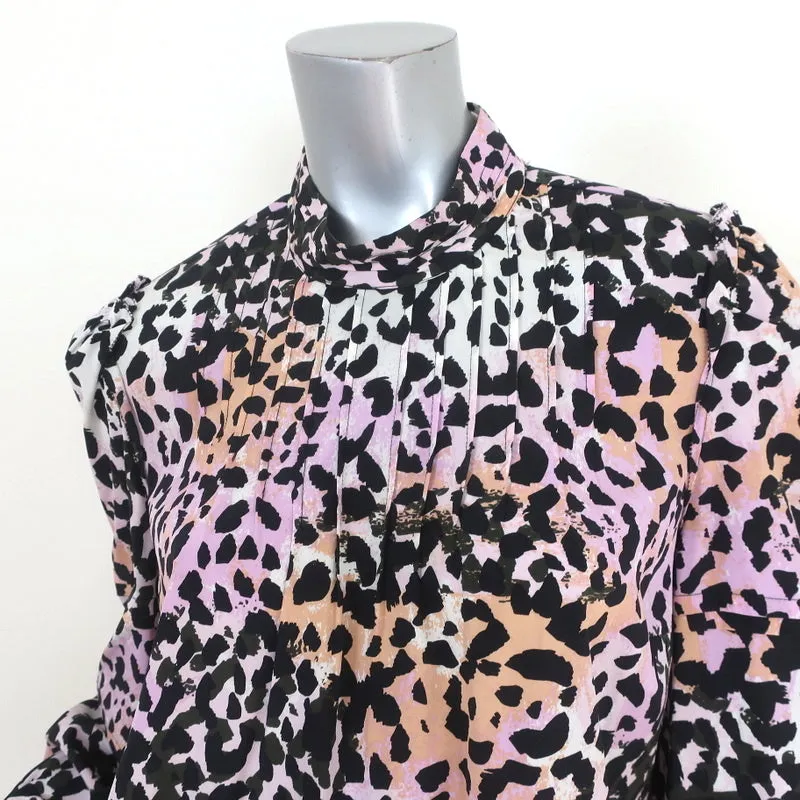Veronica Beard Top Lety Leopard Print Stretch Silk Size 8 Mock Neck Blouse