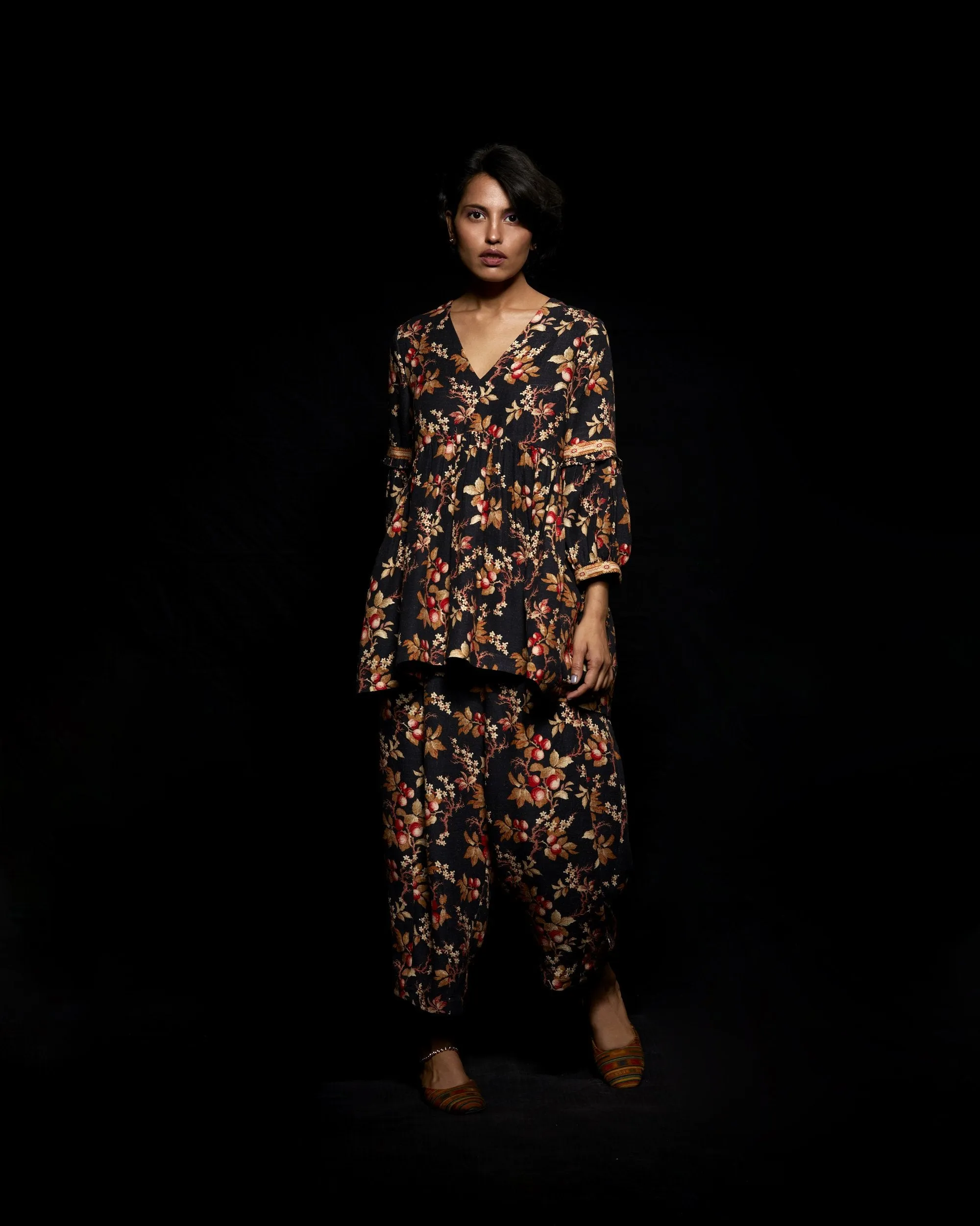 Viam   I   Black Floral Hand Printed Top