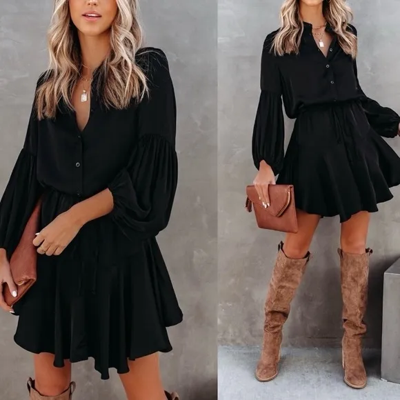 VICI Black Bubbly Satin Adjustable Balloon Sleeve Mini Dress Size Small.
