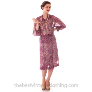 Vintage 1930s Sheer Silk Chiffon Day Dress Filmstrip Print Colorful Large