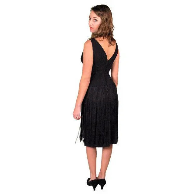 Vintage Cocktail Black Wiggle Dress  Long Hip Fringe 1950S 34-24-34