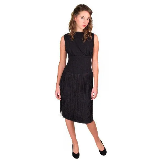 Vintage Cocktail Black Wiggle Dress  Long Hip Fringe 1950S 34-24-34