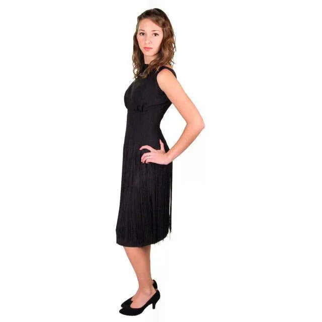 Vintage Cocktail Black Wiggle Dress  Long Hip Fringe 1950S 34-24-34