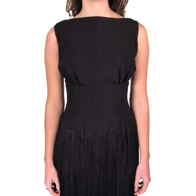 Vintage Cocktail Black Wiggle Dress  Long Hip Fringe 1950S 34-24-34