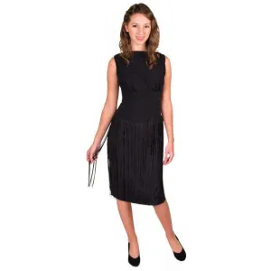 Vintage Cocktail Black Wiggle Dress  Long Hip Fringe 1950S 34-24-34