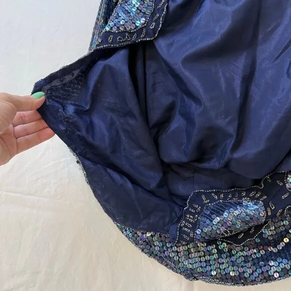 Vintage Silk Sequin Skirt Size XL Festival Disco Dance Asymmetric Fairy Beading