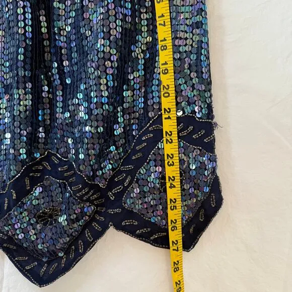 Vintage Silk Sequin Skirt Size XL Festival Disco Dance Asymmetric Fairy Beading