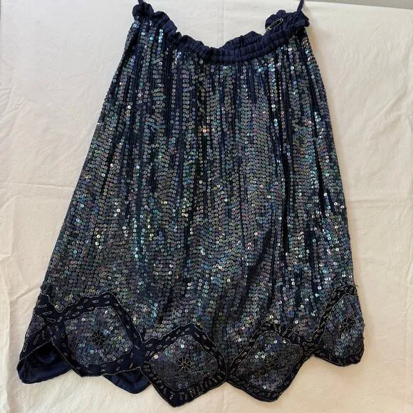 Vintage Silk Sequin Skirt Size XL Festival Disco Dance Asymmetric Fairy Beading
