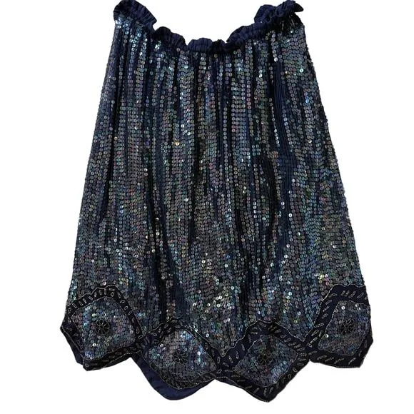 Vintage Silk Sequin Skirt Size XL Festival Disco Dance Asymmetric Fairy Beading