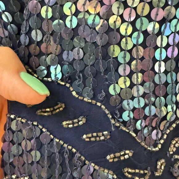 Vintage Silk Sequin Skirt Size XL Festival Disco Dance Asymmetric Fairy Beading