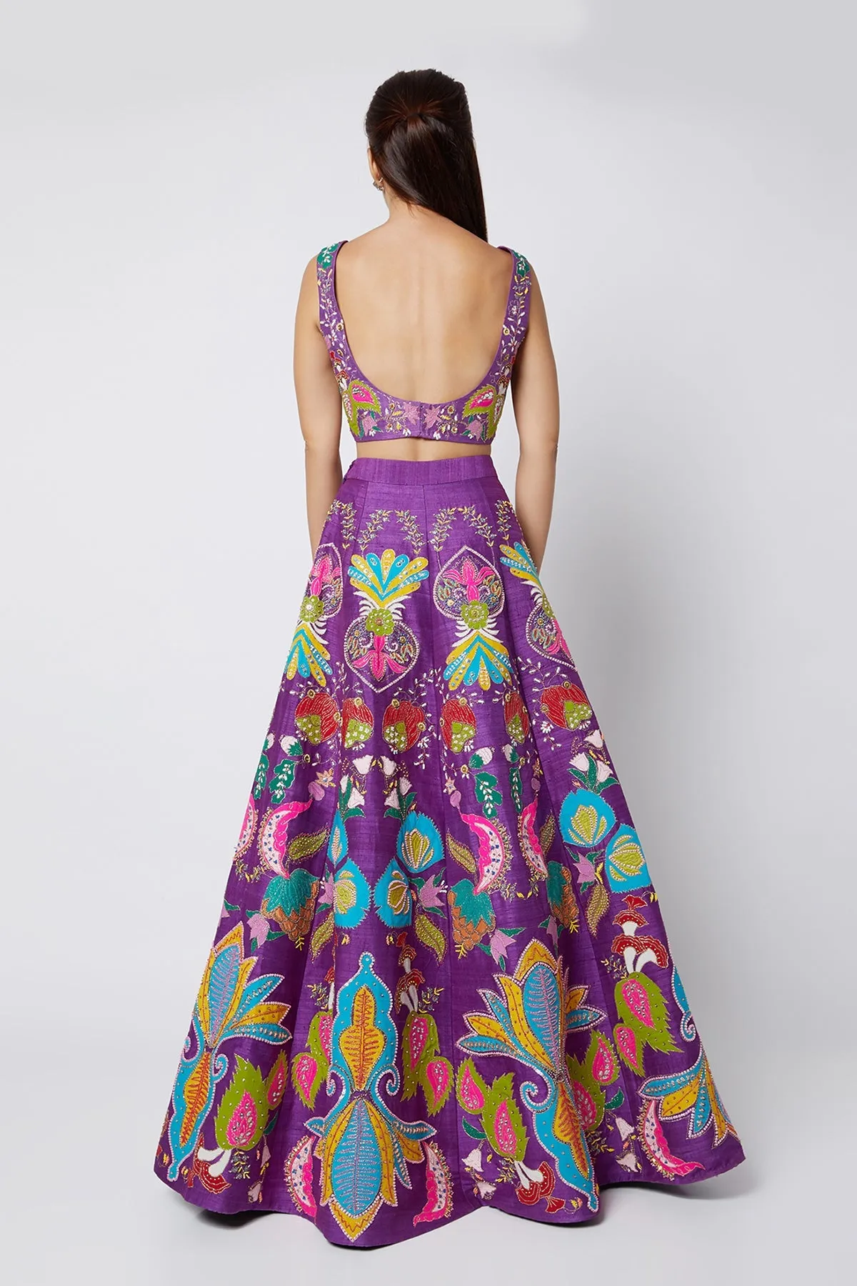 Violet Nadenka Raw Silk Appliquéd And Embellished Lehenga With Blouse And Cutwork Tulle Dupatta