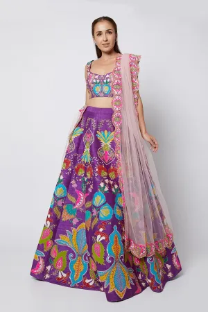Violet Nadenka Raw Silk Appliquéd And Embellished Lehenga With Blouse And Cutwork Tulle Dupatta