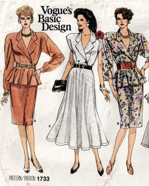 Vogue Basic Design 1733 Womens Shirtdress with Peplum & Skirt Variations 1980s Vintage Sewing Pattern Size 8 - 12