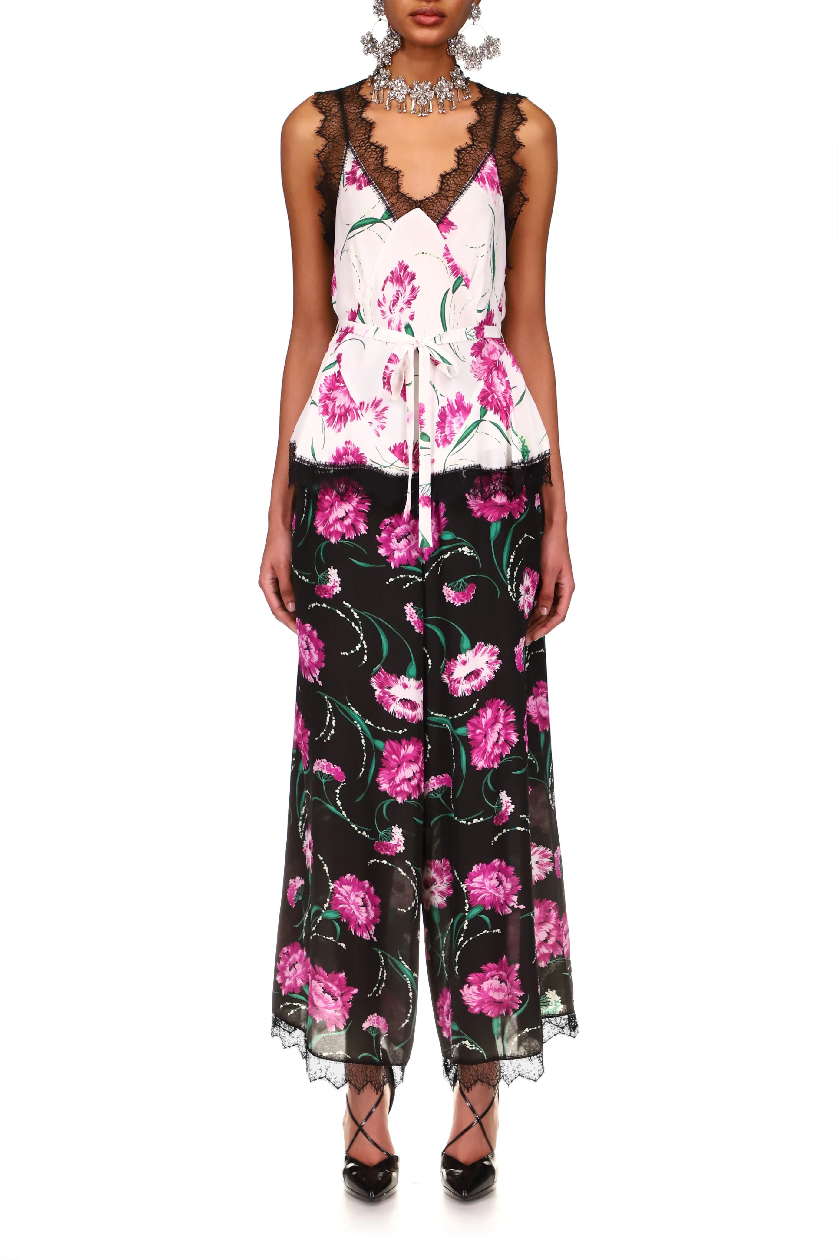 White And Fuchsia Floral Silk Camisole With Lace Detail