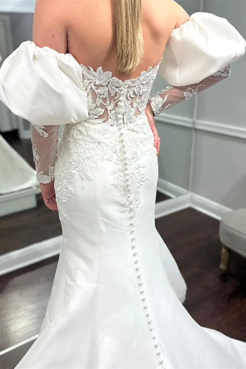 White Appliques Off-the-Shoulder Mermaid Wedding Dress with Detached Sleeves