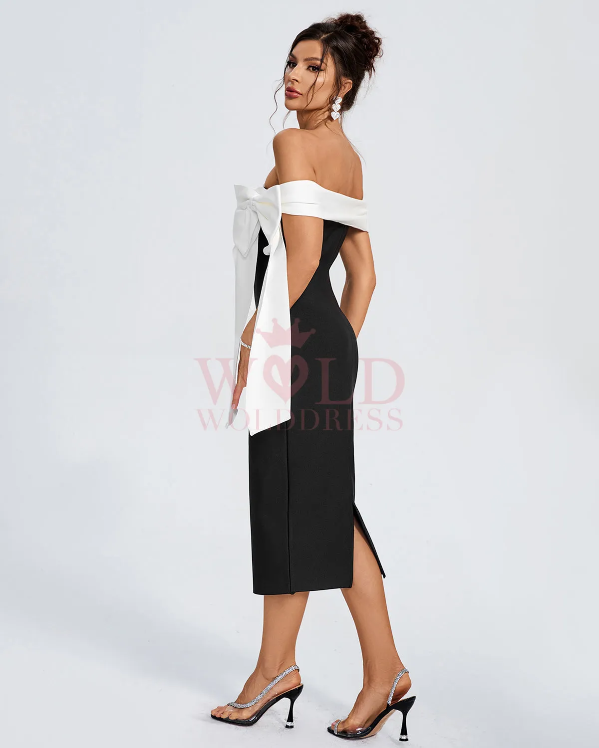 White-Bow Off Shoulder Midi Bandage Dress