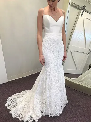 White Mermaid Spaghetti Straps Sweep Train Lace Beach Wedding, Mermaid White Lace Prom, White Evening