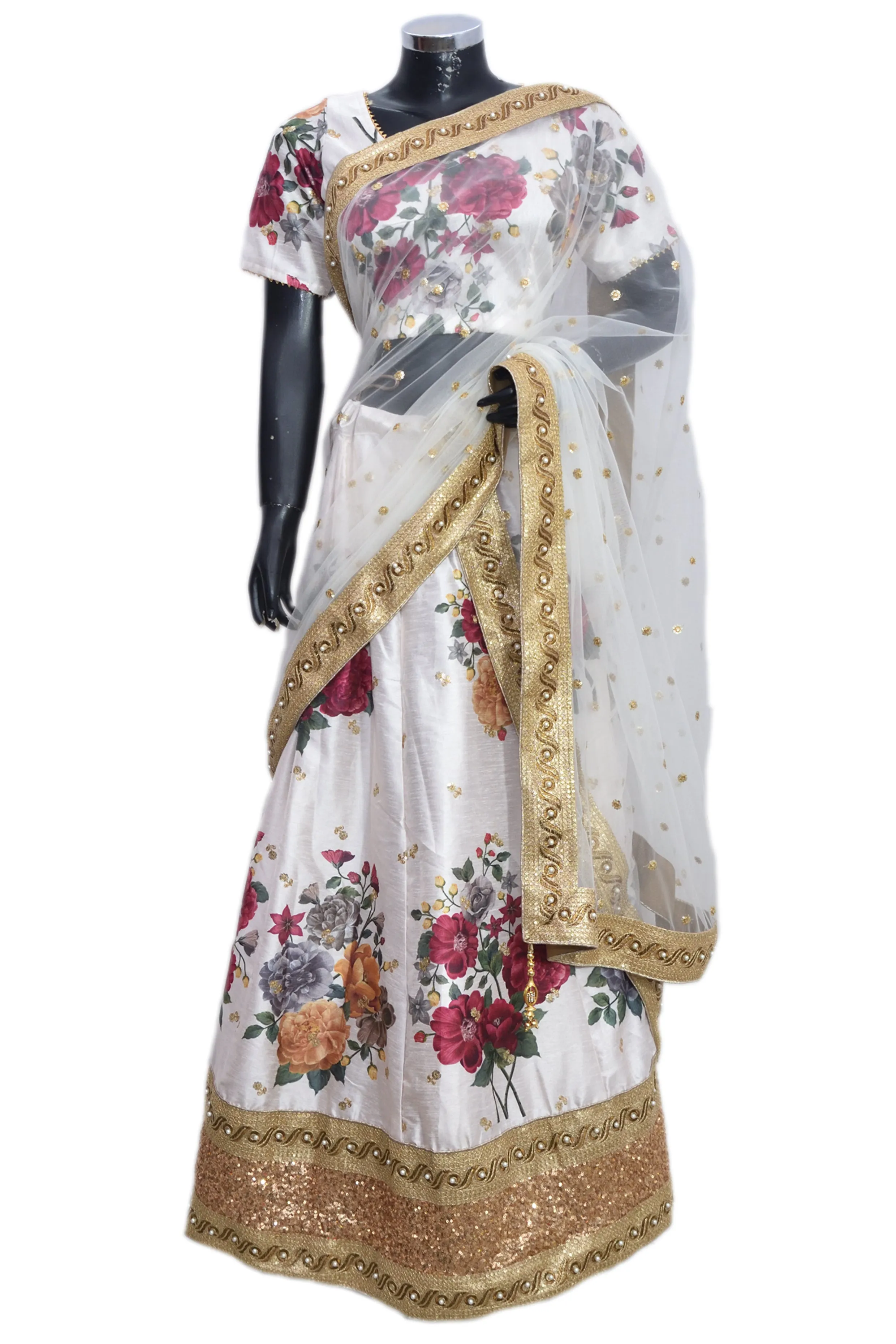 White raw silk floral Lengha #fdn90407-501