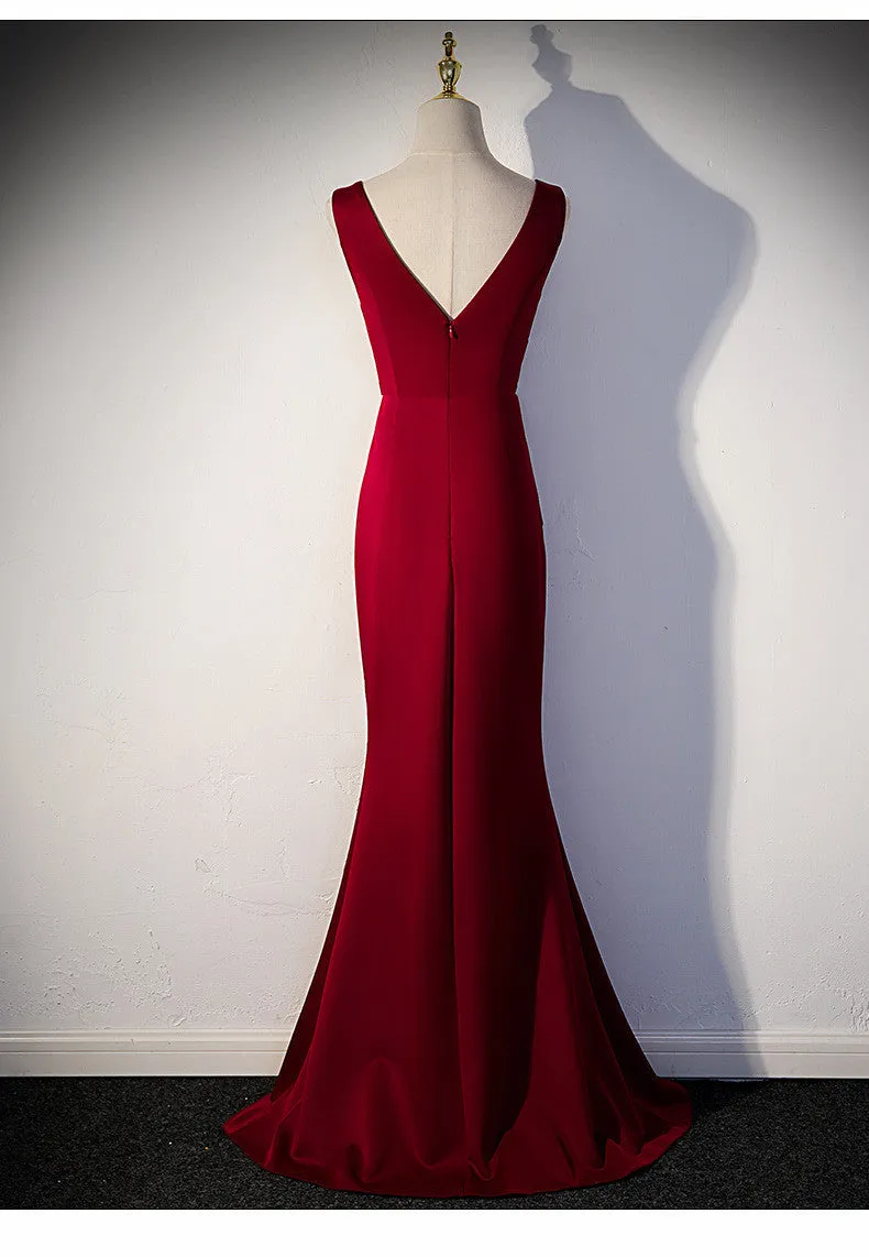 Wine Red V-neckline Mermaid Long Party Dress with Leg Slit, Wine Red Prom Dress
