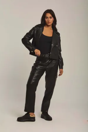 Women Pants Straight Fit Belted Leather Black