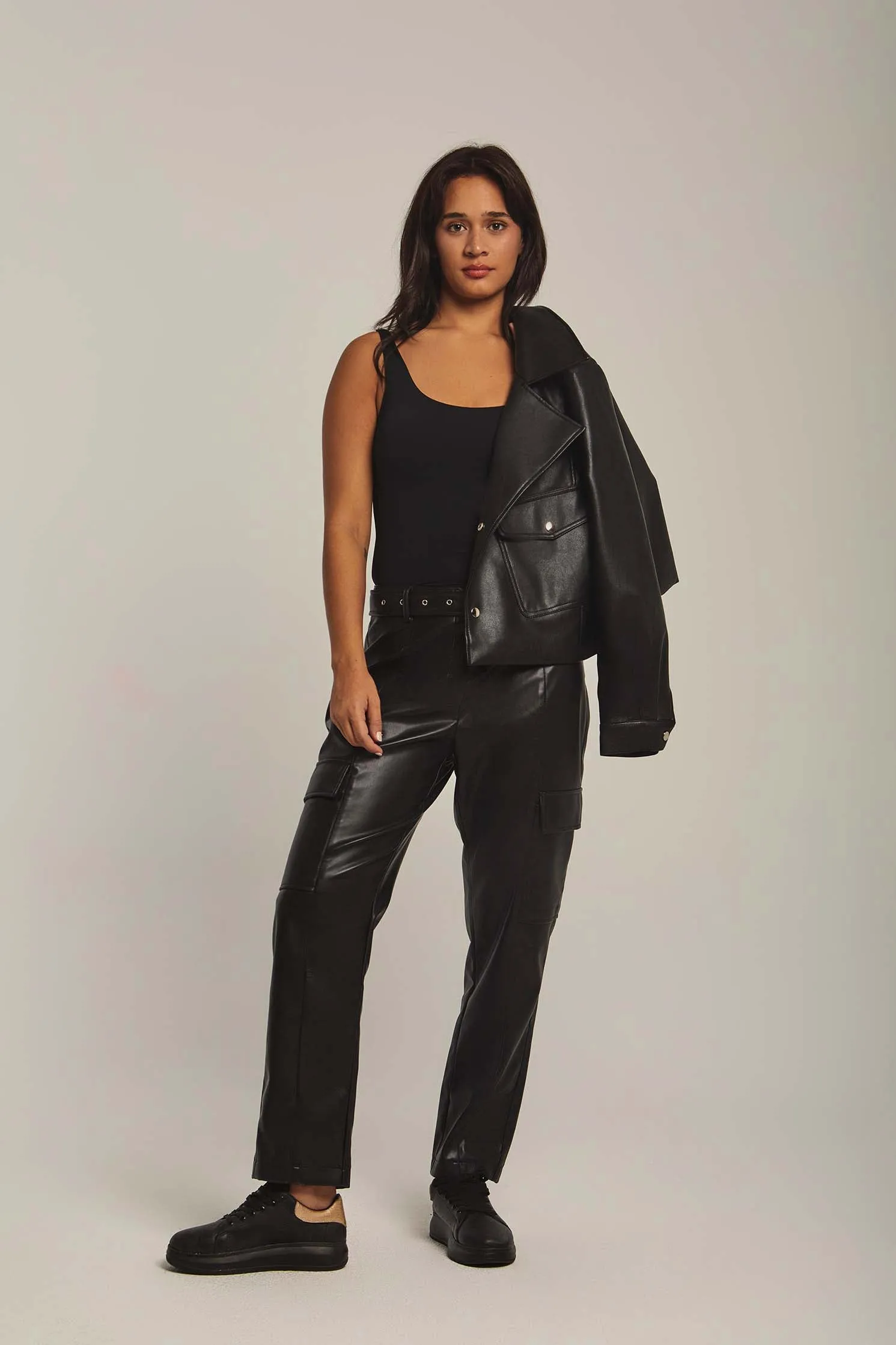 Women Pants Straight Fit Belted Leather Black
