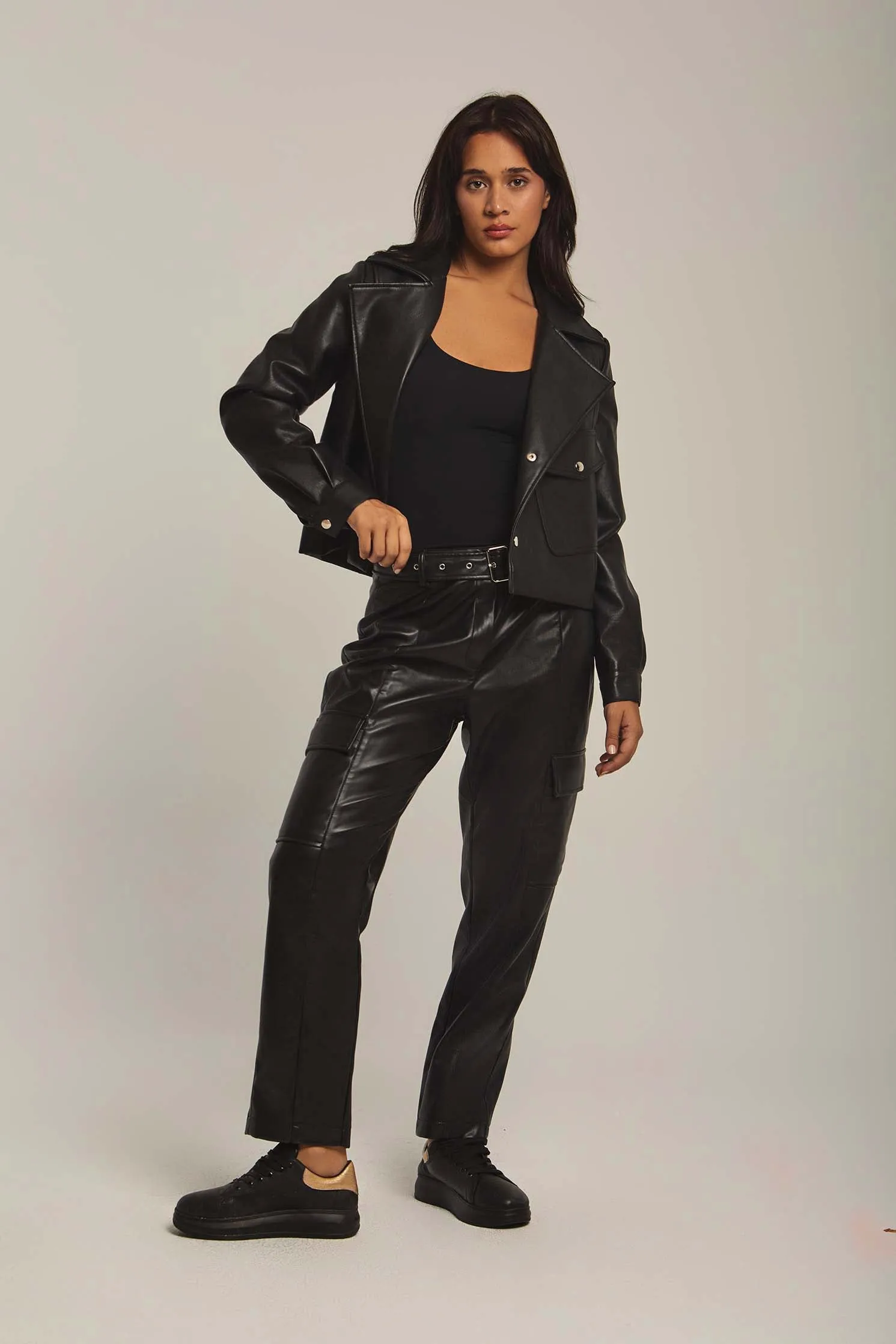 Women Pants Straight Fit Belted Leather Black
