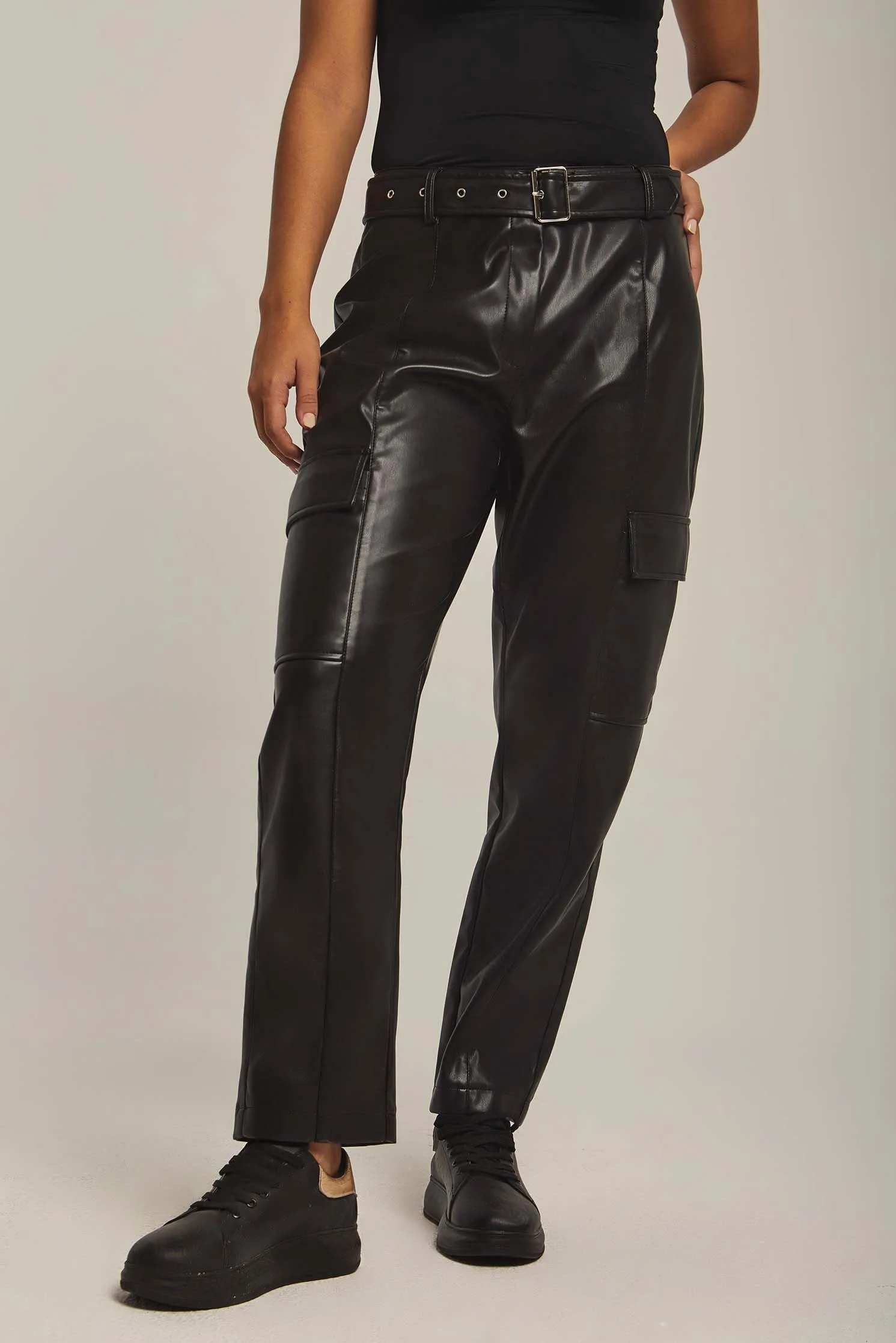 Women Pants Straight Fit Belted Leather Black